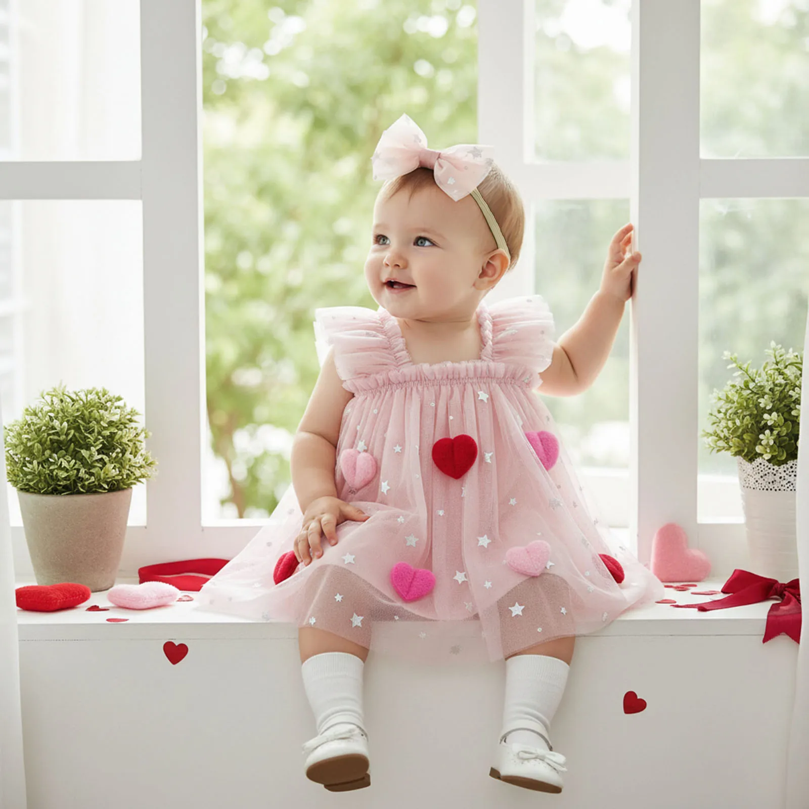 Cute Infant Baby Girl Valentine's Day Romper Dress Summer Flying Sleeve Heart Sequin Decor Tulle Patchwork Romper with Headband