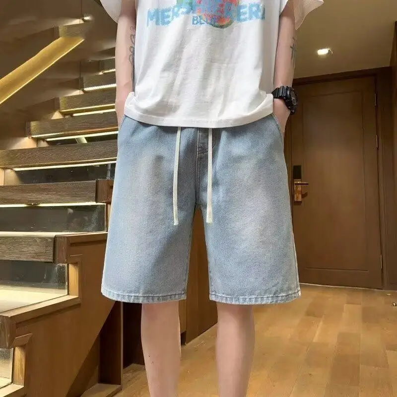 

Летние новые мужские джинсы-брюки из тонкой ткани, свободного кроя, больших размеров, спортивные, повседневные, длиной до колена, прямого кроя