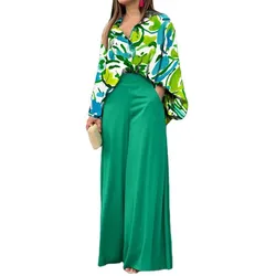 Women Print Suit Long Sleeve Lantern Sleeve Turn-down Collar Shirt Mid Waist Wide Leg Pants Casual Two Piece Set Women's clothes