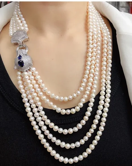 

longer 45-90CM micro inlaid zircon leopard head Natural 5row freshwater pearl white near round 7-8mm necklace long chain sweater