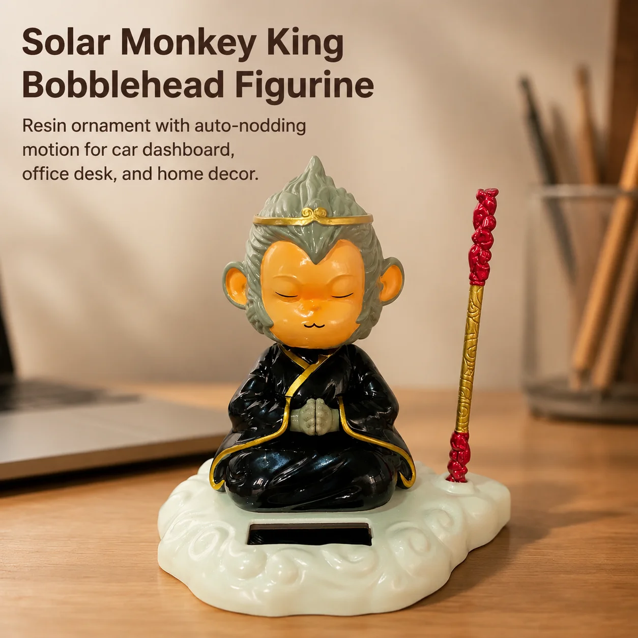 Sun-wu-kong Solar Powered Figurine for Car Dashboard Office Desk Decoration Crafts Chinese Style Resin Monkey Shaped Ornament