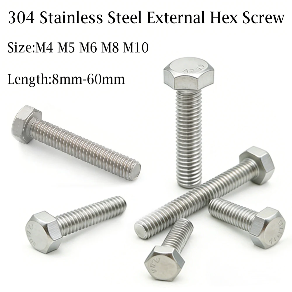 

1-25pcs M4-M12 304 Stainless Steel Hex Head Bolts A2-70 Outer Hexagon Screws 8-60mm for Machinery And Home Repair