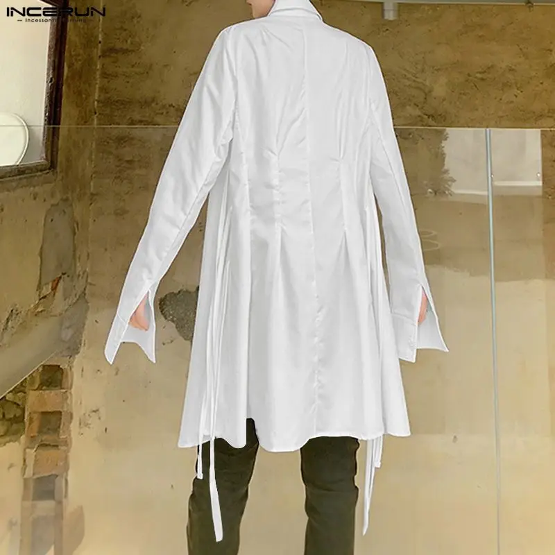 INCERUN الرجال نمط طويل قميص الصلبة التلبيب كم طويل زر الدانتيل يصل الرجال الملابس فضفاضة الشارع الشهير موضة الذكور غير النظامية القمصان #5