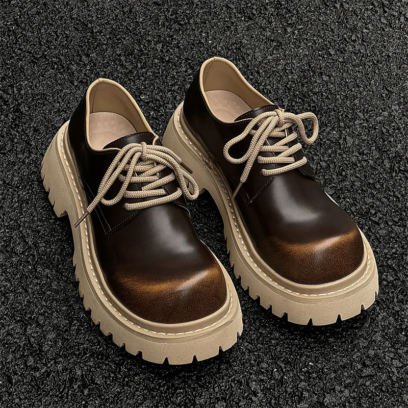 2025 Men's and Women's Same Big Head British Retro Platform Heightened Round Head Small Leather Derby Shoes
