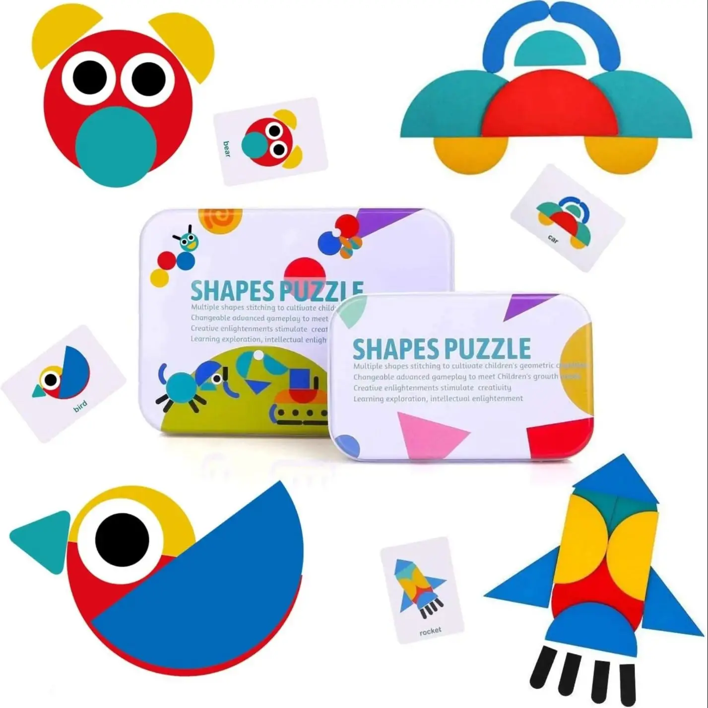 

Пазлы Tangram для детей — деревянные игрушки-головоломки для малышей 2-3 лет, 36 шт. в форме головоломок + 60 шт. карточек с изображениями, Монтессори