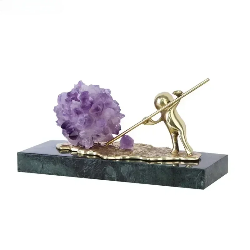 Snow Shoveling Golden Figures Crystal Crafts Statue Marble Base Desk Decoration Amethyst Snowball Brass Character Sculpture