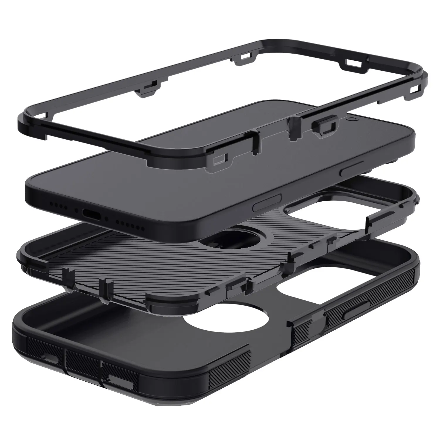 Czarne etui na iPhone'a 16 Pro Max 16 Plus 16 Pro 16 Wytrzymałe, odporne na wstrząsy, twarde, ochronne, wytrzymałe, hybrydowe etui na telefon 3 w 1 warstwy