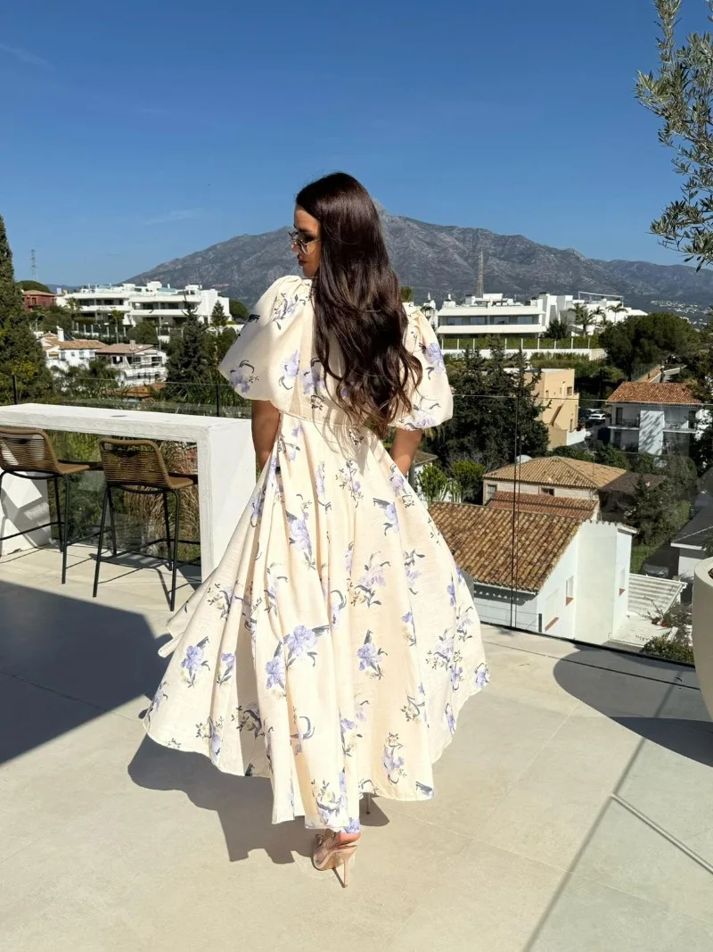 Trendy Floral Print Dress with Puff Sleeves V-neck Full Skirt and A Fresh Fitted Waist Floral Ankle-length Dress for Women