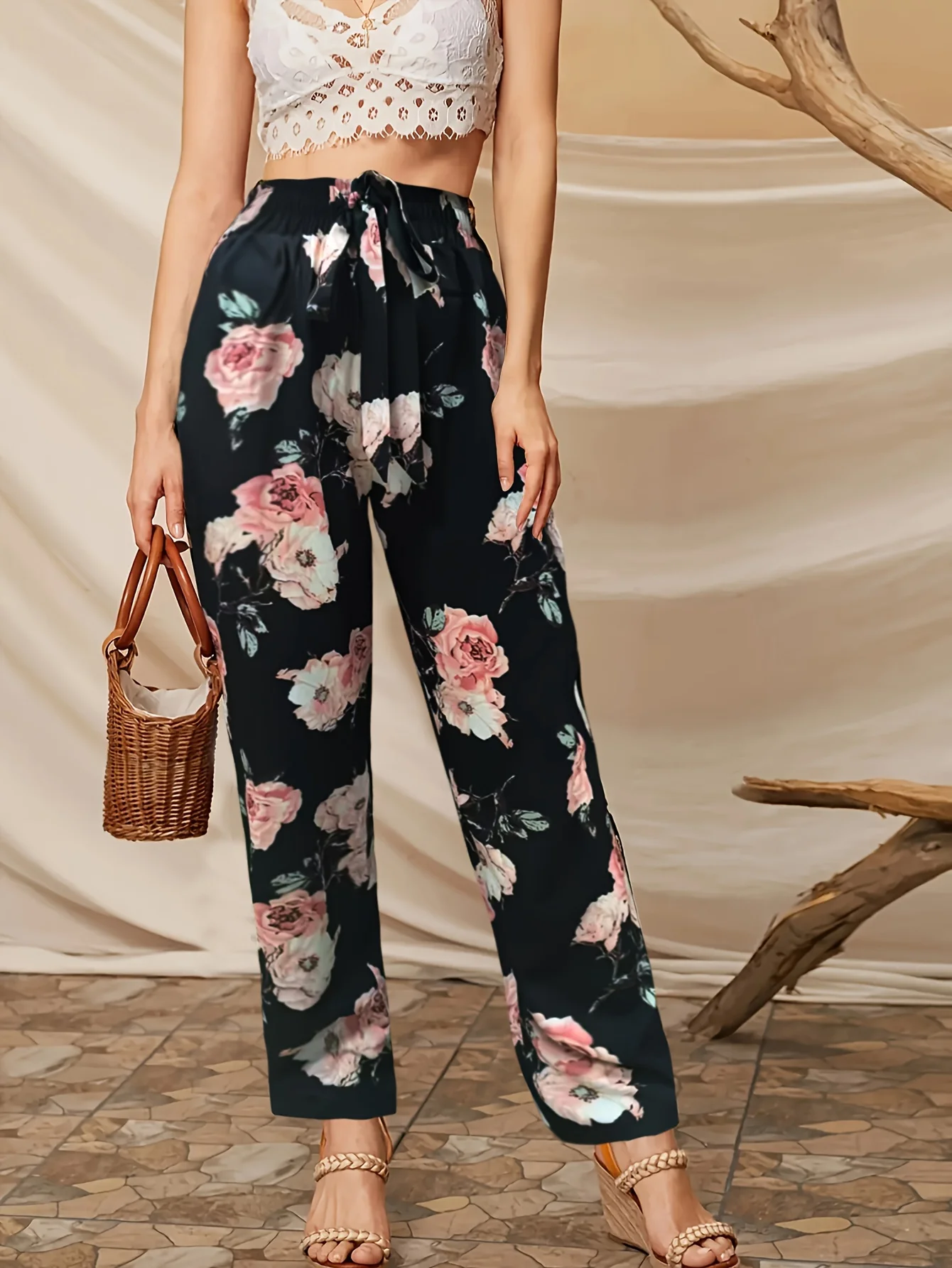 

Women's Xia Xin Flower Lace-Up Straight Pants Thin Casual Temperament Trousers
