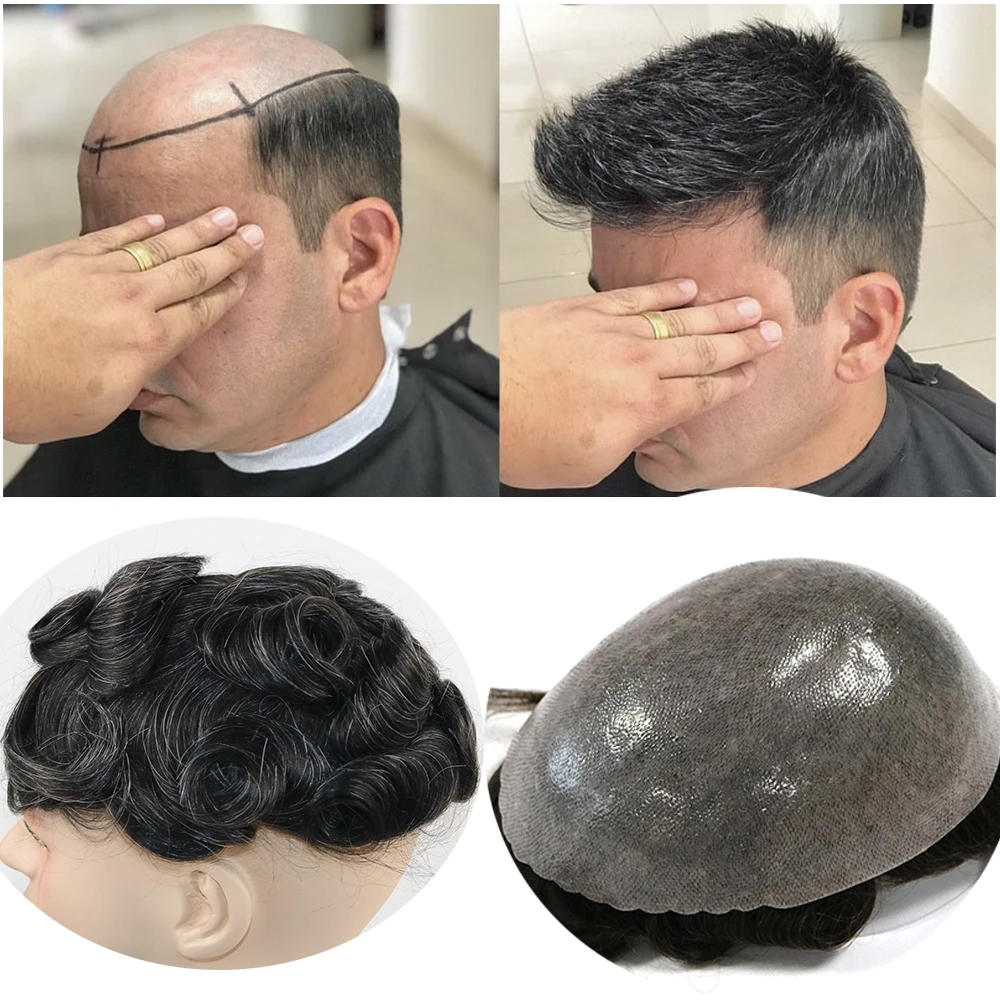 30mm Natural Black Human Hair Toupee For Black Men High Quality Durable Full Thin Skin Durable Male Hair Capillary Prosthesis