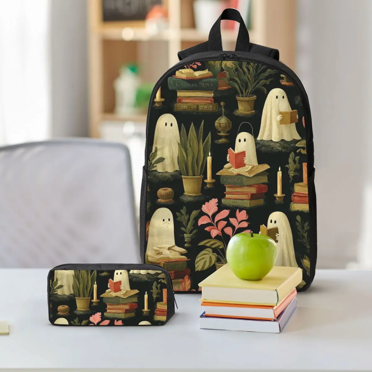 Cute Ghost Reading Books Design Backpack Boys Girls BookBag School Bag Shoulder Bags 3ps Insulated Lunch Bag Pencil Case