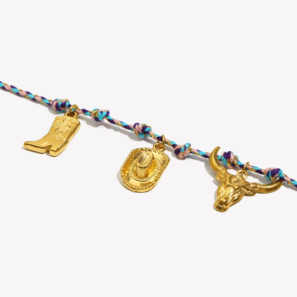 E.B.belle Stainless Steel Colorful Rope Hat Heel Golden Bow Element Adjustable Chain 18K Gold Plated Charm Women's Gift