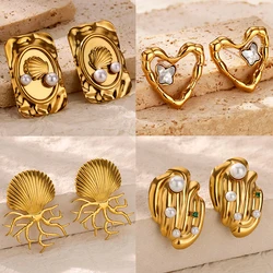 Stainless Steel Heart Earrings for Women Gold Color Geometric Shell Stud Earrings 2025 Trend Piercing Wedding Jewelry Gift