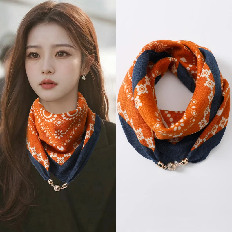 New Retro Warm Square Scarf Magnetic Button Triangle Scarf Cotton Scarf Women\'s Spring Autumn And Winter Western Style Neck