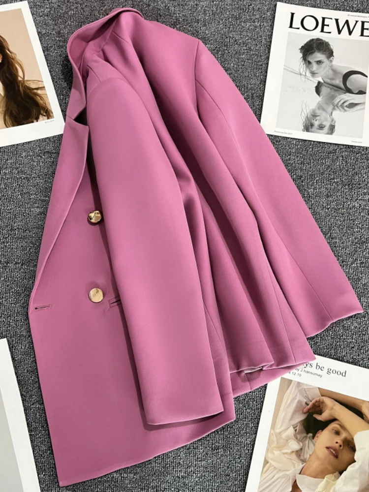 Abrigo de traje con botones de Metal para mujer, traje de doble botonadura, color rosa púrpura, estilo británico, primavera y otoño