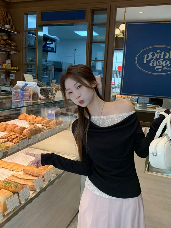 

Женская футболка Bla Lace Long Sve Slim Fit, нейлоновая внутренняя одежда Base irt Winter Faion, повседневная, с креативным узором, для кожи...