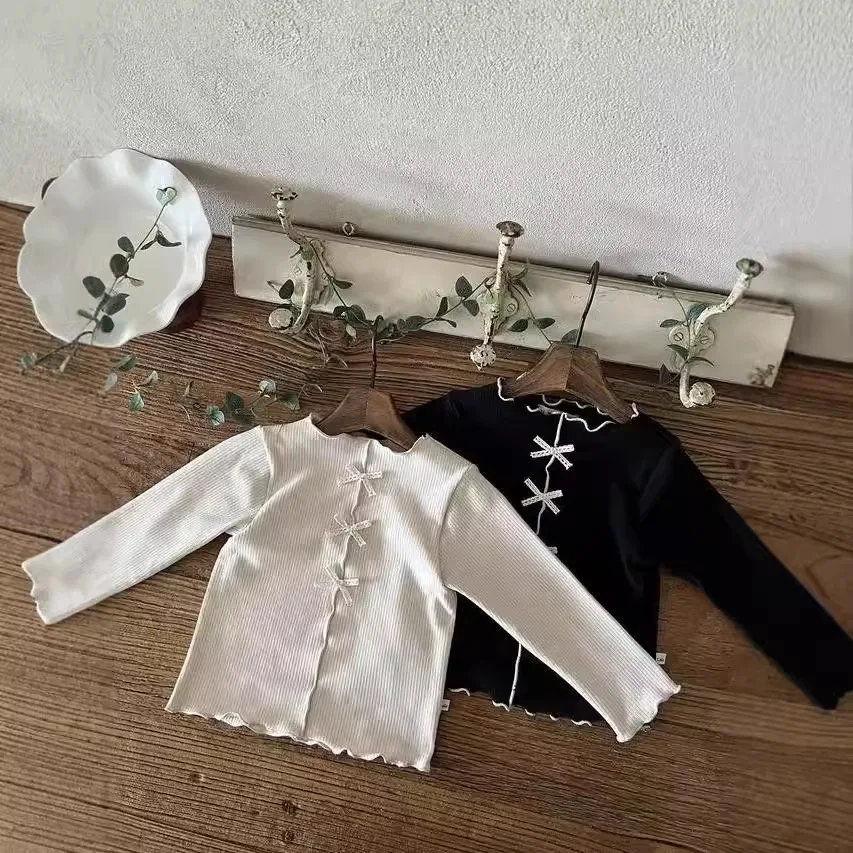 2025 Autumn New Baby Long Sleeve T Shirts Solid Girls Cute Bow Cotton Bottoming Shirts Infant Ribbed Tops Children Clothes
