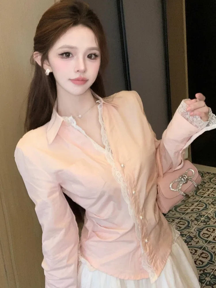 

Elegant Lace Trim Shirt Women's Long Sleeve Splice Slimming Spring Autumn High-End Feel Inner Wear Top Korean Style Straight Cut