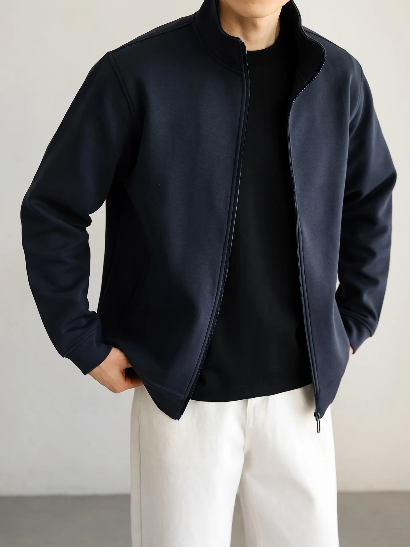 Casual Business Mens Hoodie Stand Collar Open Cardigan Long Sleeve Polyester Cotton Blend Sweatshirt for Commuting And Travel