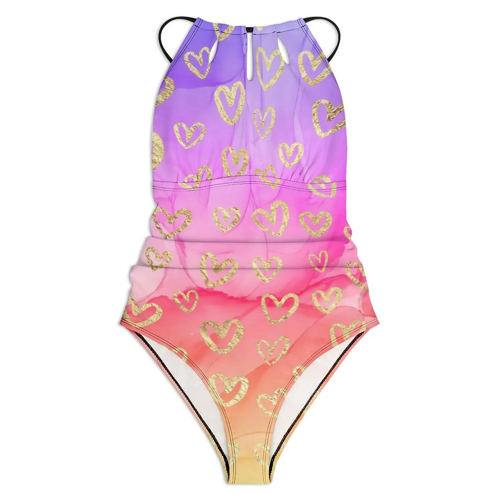 Gold Hearts Swimsuit Sexy Purple Pink Tie Dye Print Women Swimwear One Piece Fashion Bodysuit Pool Push Up Hollow Out Beach Wear