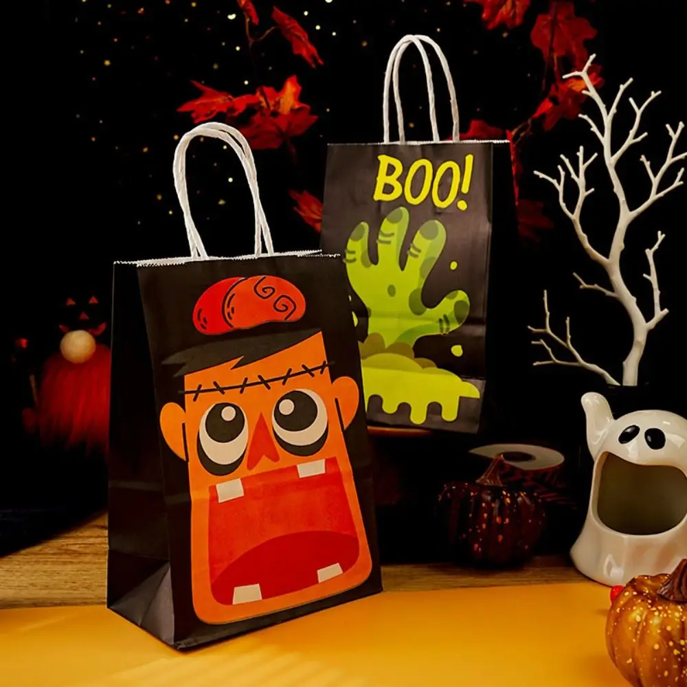 Halloween Kraft Paper Bag Treat Bags Pumpkin Ghost Bat Cat Pattern Totes Bag Trick or Treat Halloween Party Favor