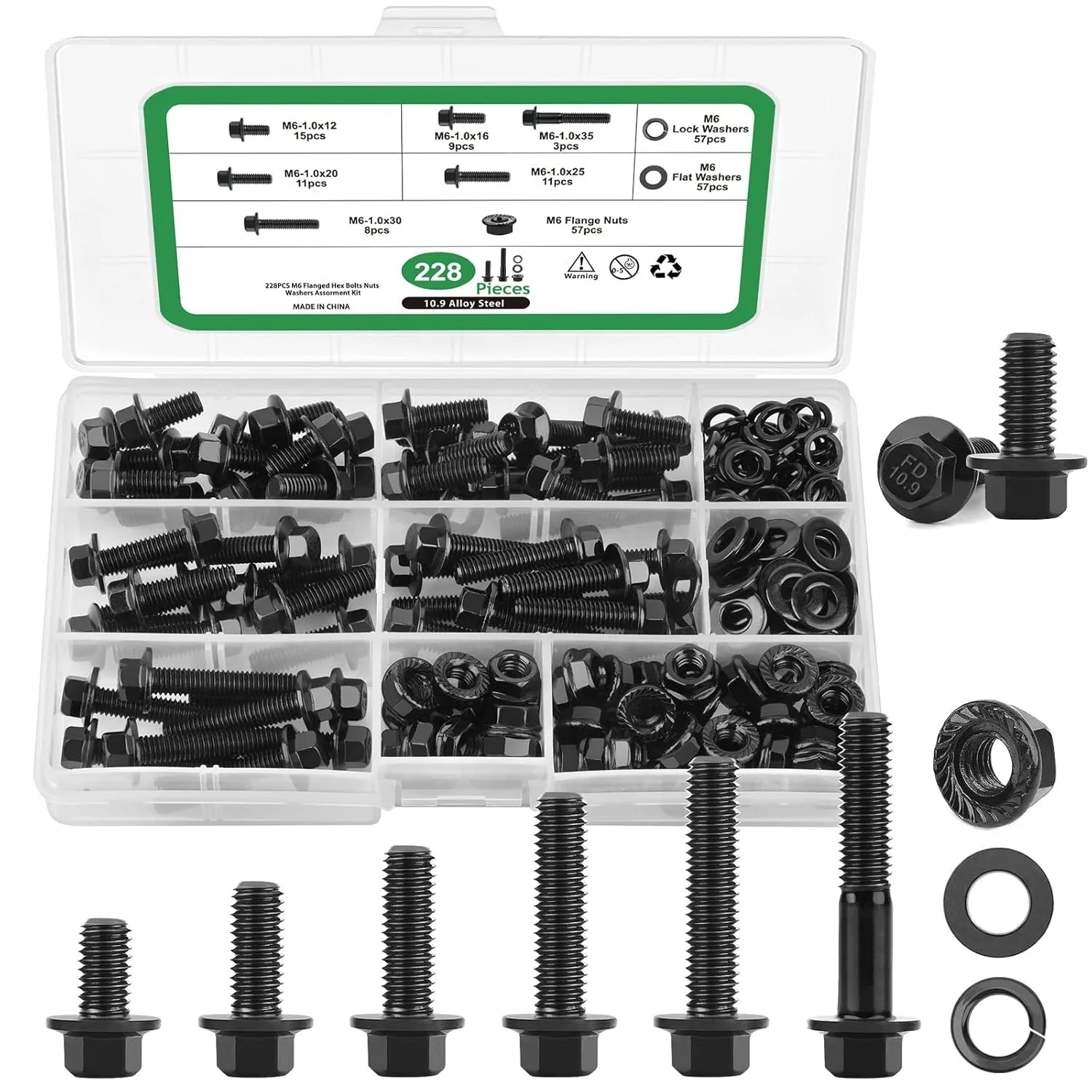 228Pcs M6 Flange Bolt Hex Bolt Nut Washer Assortment Kit 10.9 Grade High Strength Hot Selling
