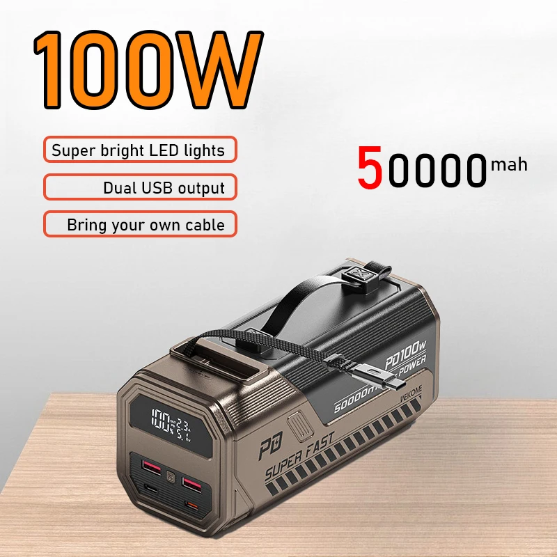 باور بانك شحن سريع 100 وات بقدرة 50000 مللي أمبير في الساعة مع أضواء LED فائقة السطوع وبطارية مخرجات متعددة المنافذ لهاتف آيفون وشاومي وسامسونج