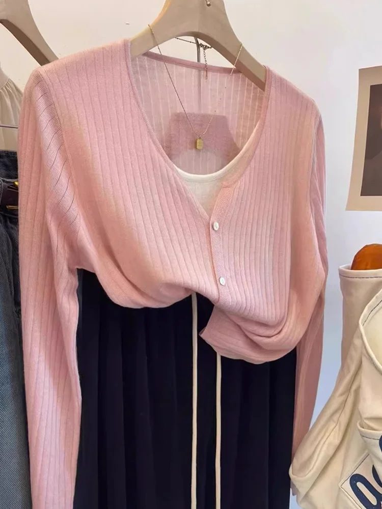 

Ele Вязаный открытый кардиган женский Faion Sun Protection Long Sve Base irt Sli Top Commute Sle Свободный крой на ягодицах...