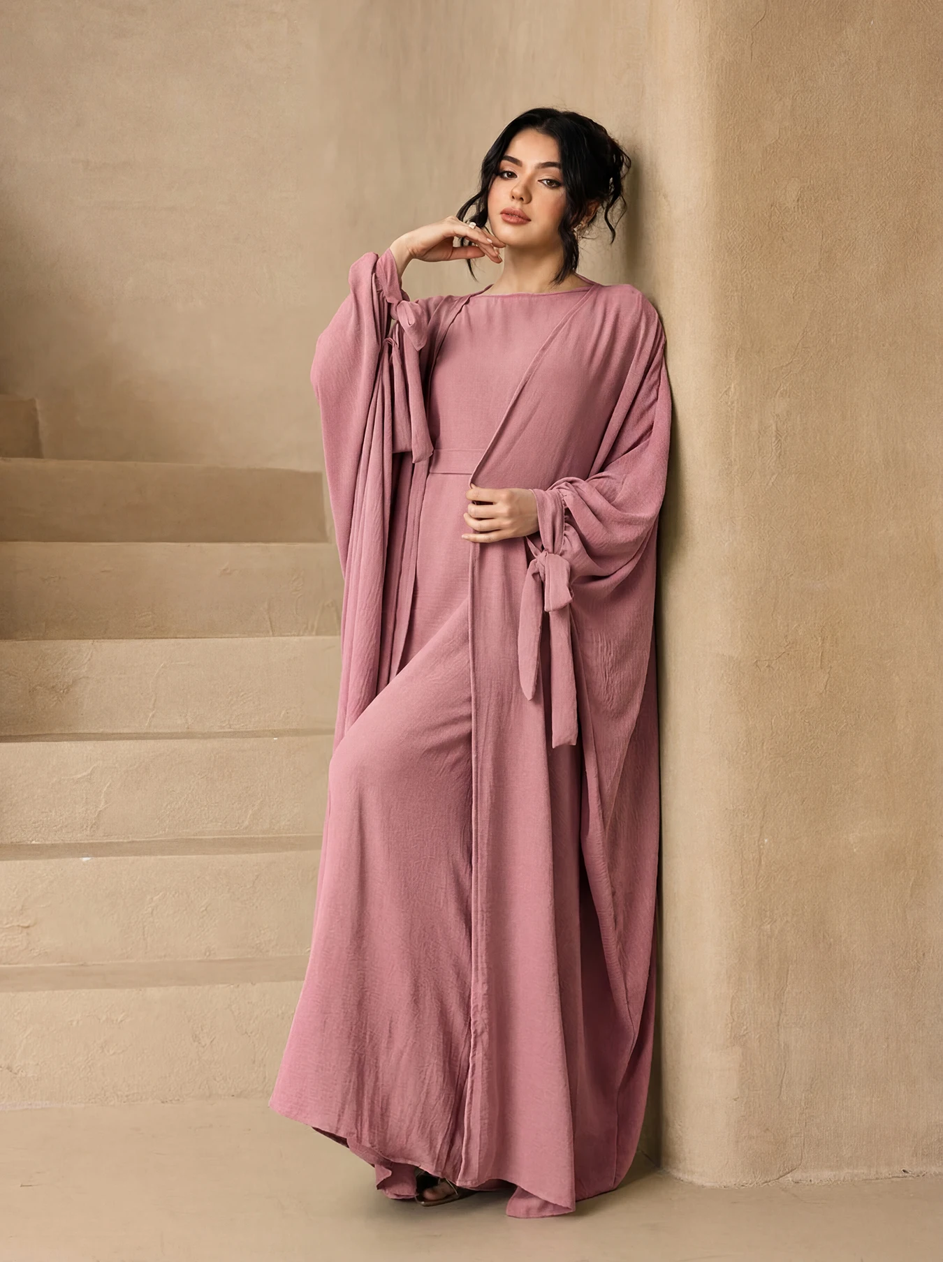 Solid Batwing Tie Sleeve Open Abaya 3Pcs Set Hijab Belt, Flowy Modest Maxi Dress Muslim Ladies Eid Party Outfit