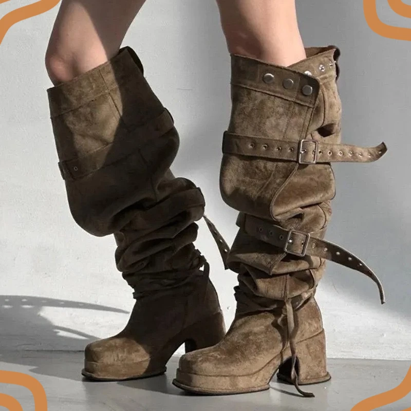 Chaussures pour femmes, modèle tendance, style punk, bottes à boucle montantes au-dessus du genou, bottes à plateforme élégantes, chaussures de créateur, bottes pour femmes.
