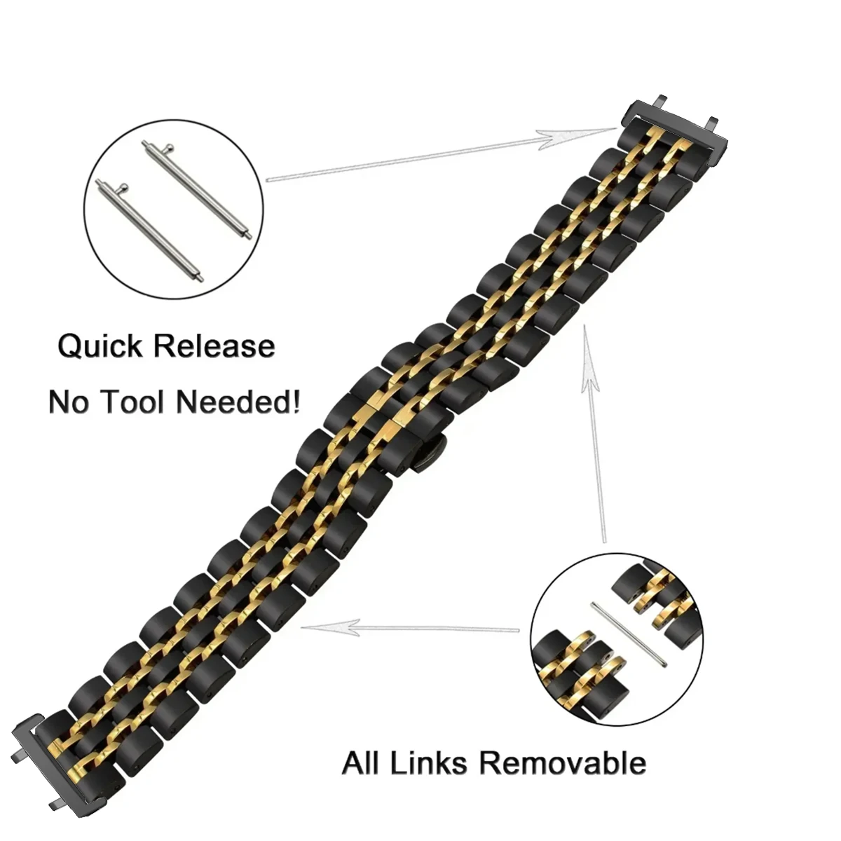 Per Huami Amazfit T-Rex Pro A1918 Cinturino per orologio in acciaio inossidabile a sette perline con chiusura a farfalla - Nero / Oro