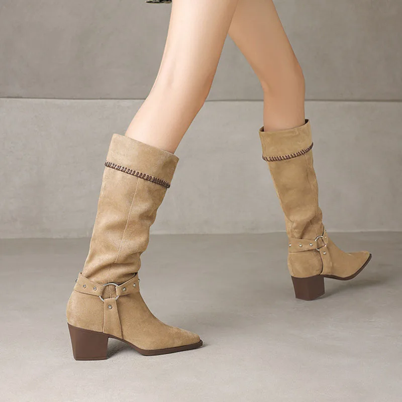 أحذية كاكي عالية للنساء بمقدمة مدببة أحذية العجل أربطة ضيقة أحذية نسائية سهلة الارتداء 2025 وصل حديثًا Phoentin FT4243