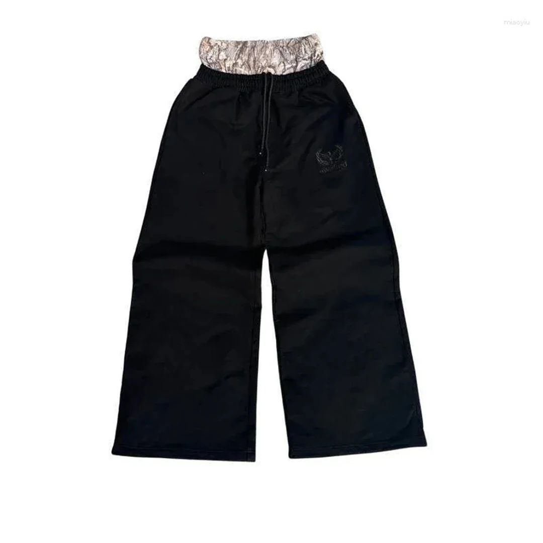

Women's black wide leg sweatpants with double waist camouflage waistband and elastic drawstring street pants