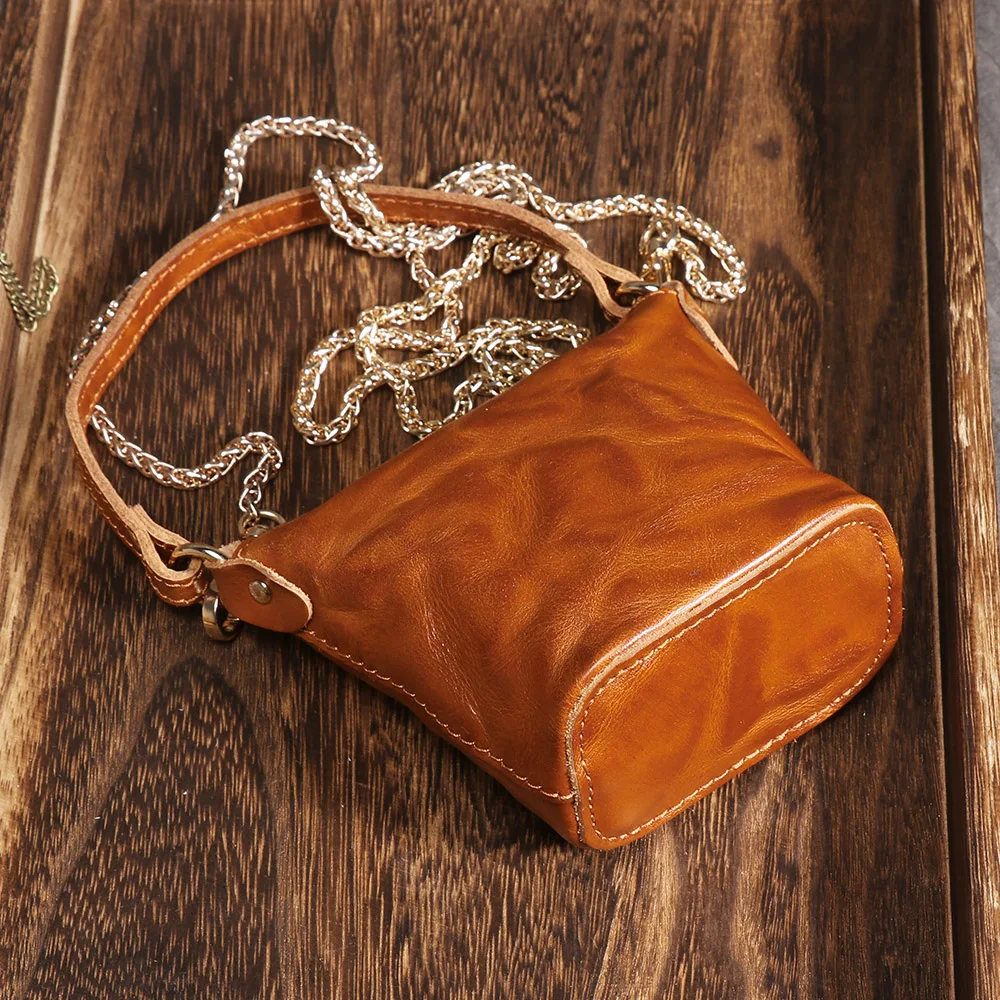 LUOKIR Genuine Leather Women's Chain Crossbody Bag Vintage Handheld Shoulder Bag Headphone Bag Top Layer Cowhide Coin Purse