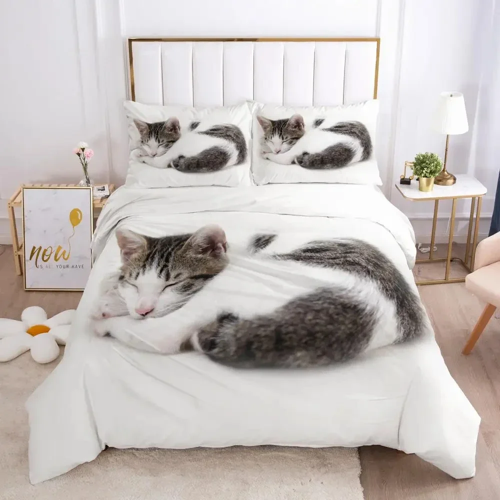 Cat Duvet Cover Set Cat Lover Gifts Bedding Set Microfiber Cute Kitten Pattern Animal Theme Double Queen King Size Quilt Cover