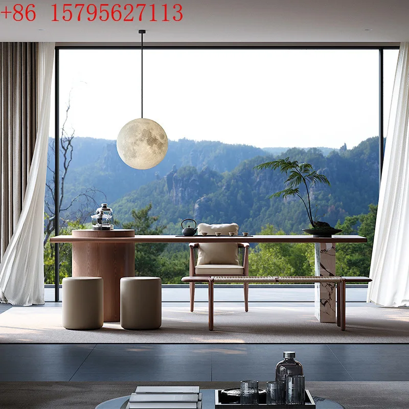 

Легкий роскошный современный простой чайный столик из цельного дерева и комбинация стульев для виллы, гостиной, минималистичный чайный столик из каменной плиты