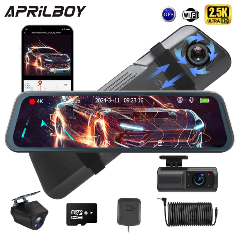 Aprilboy DashCam10''3Channel Rearview Mirror Front Inside Rear 2.5KStream Mirror DashCam withWiFi Night Vision ReverseAssistance