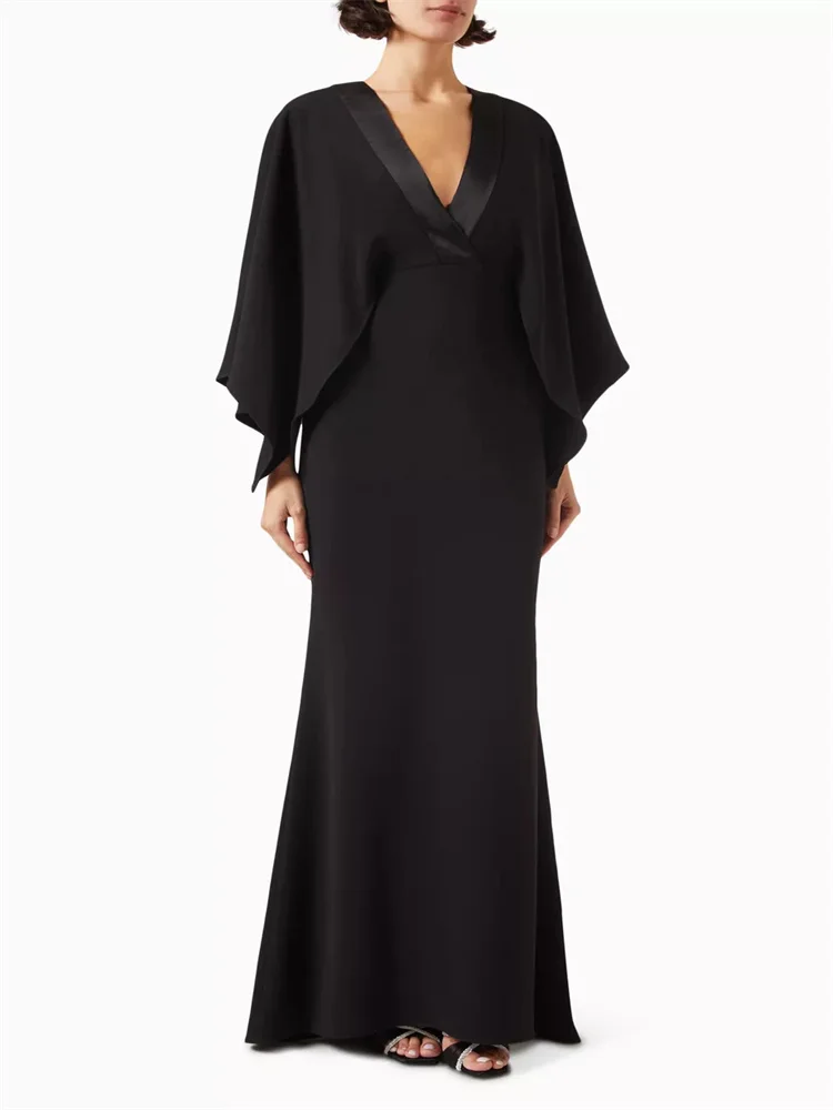 

Hot Selling Deep V Neckline Cap Sleeves Crepe Straight Evening Dress Elegant Back Zipper Floor Length Sweep Train Gown For Women