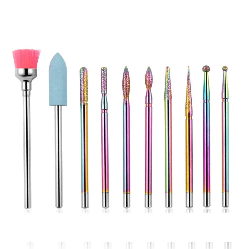 10 Pcs kit Diamond Milling Cutters Carbide Nail Drill Bits set rainbow SSFor Electric Drill Manicure Machine Accessory Tungsten