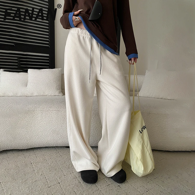 

FANAN Korean Style Thick Warm Wide Leg Pants For Women Elastic High Waist Drawstring Straight Trousers Minimalism Winter New
