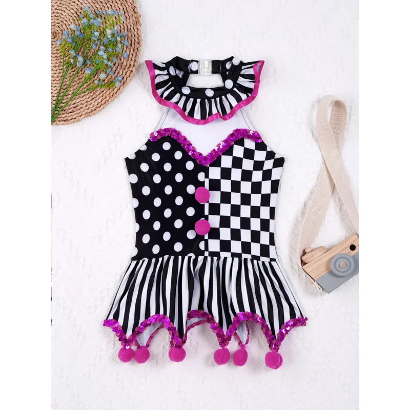 Ragazze Circo Clown Joker Spettacolo di Halloween Costume Festival Gioco di scena Gioco di ruolo Griglia Pompon Ornato Paillettes Tutu Body Dress