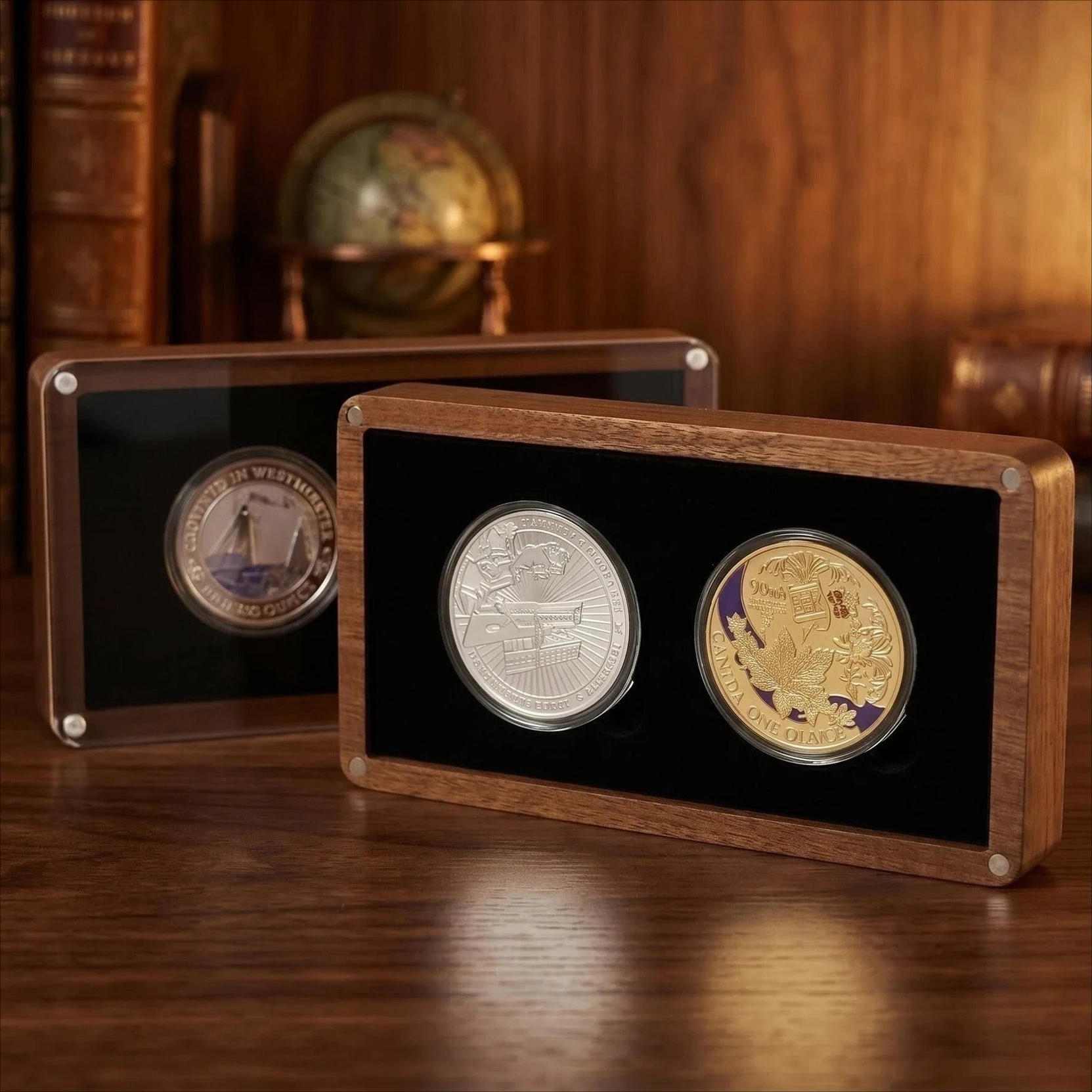 Transparent Top and Bottom Wooden Box for Double Coins Packaging Storage Gift Box Packaging Boxes