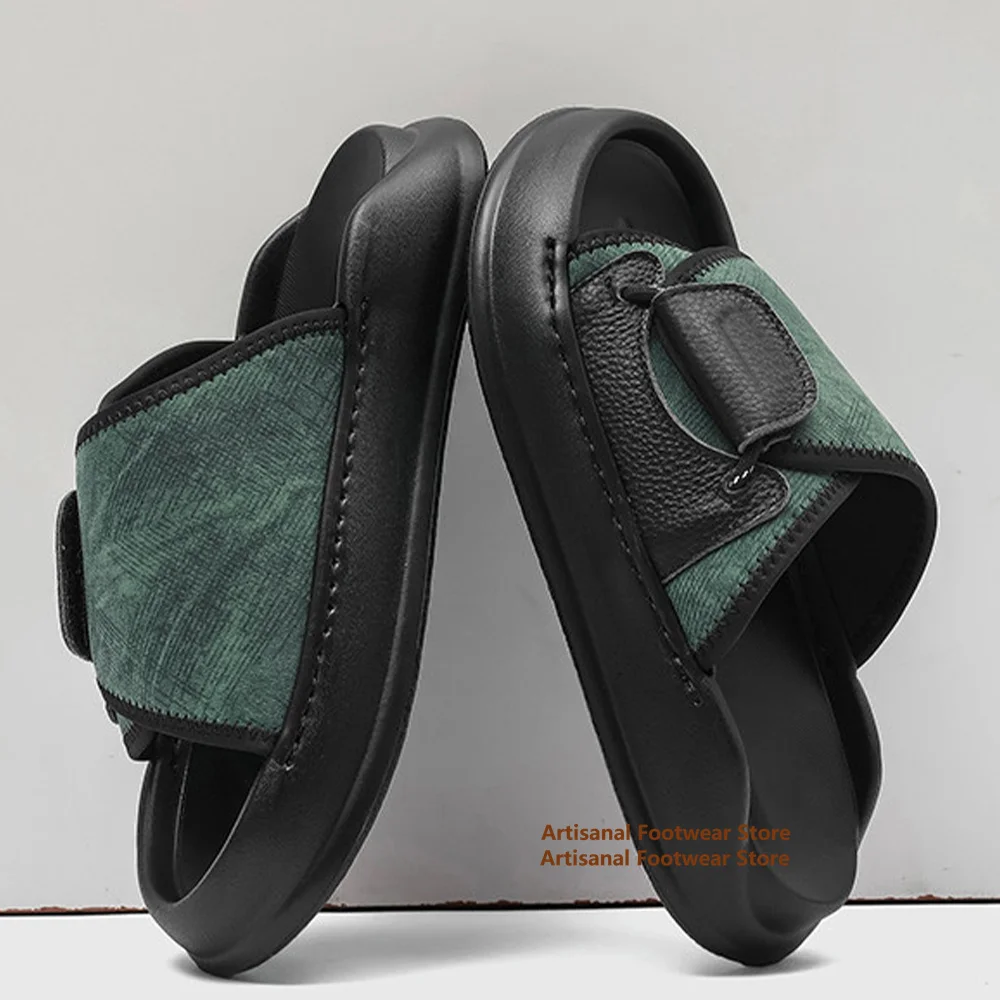 Men's Green & Black Mules Slippers Thick-Sole Casual Slides Platform Slippers Height Increasing Beach Shoes Men's Summer Sandals