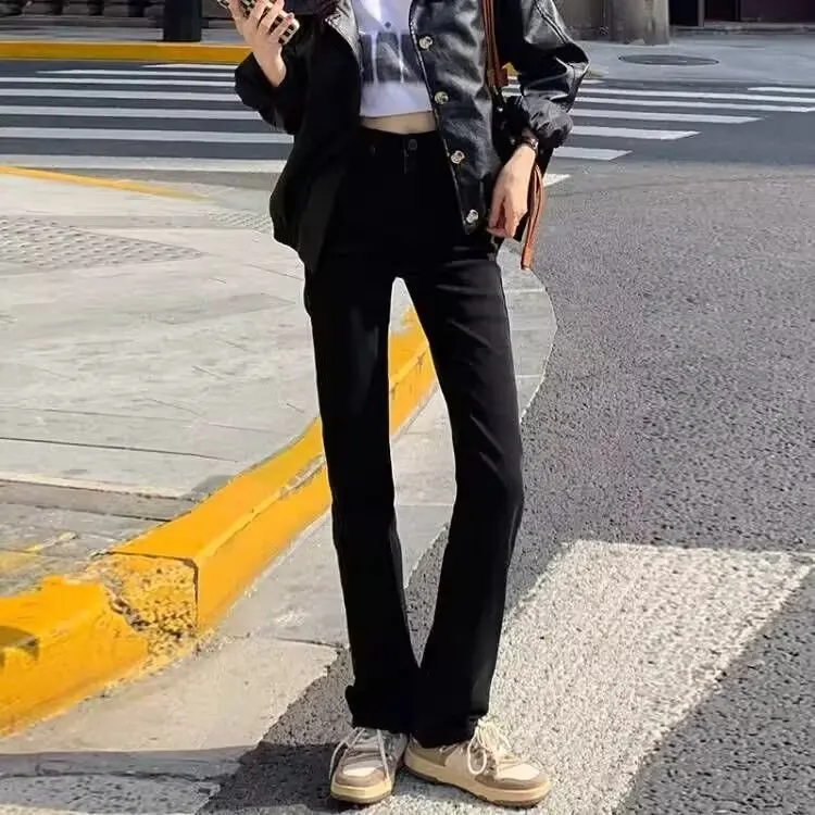 

Slim Straight Leg Bla Denim Jeans Women's Spring New High Waist Slimming Floor-Length Elastic e Tube Pants