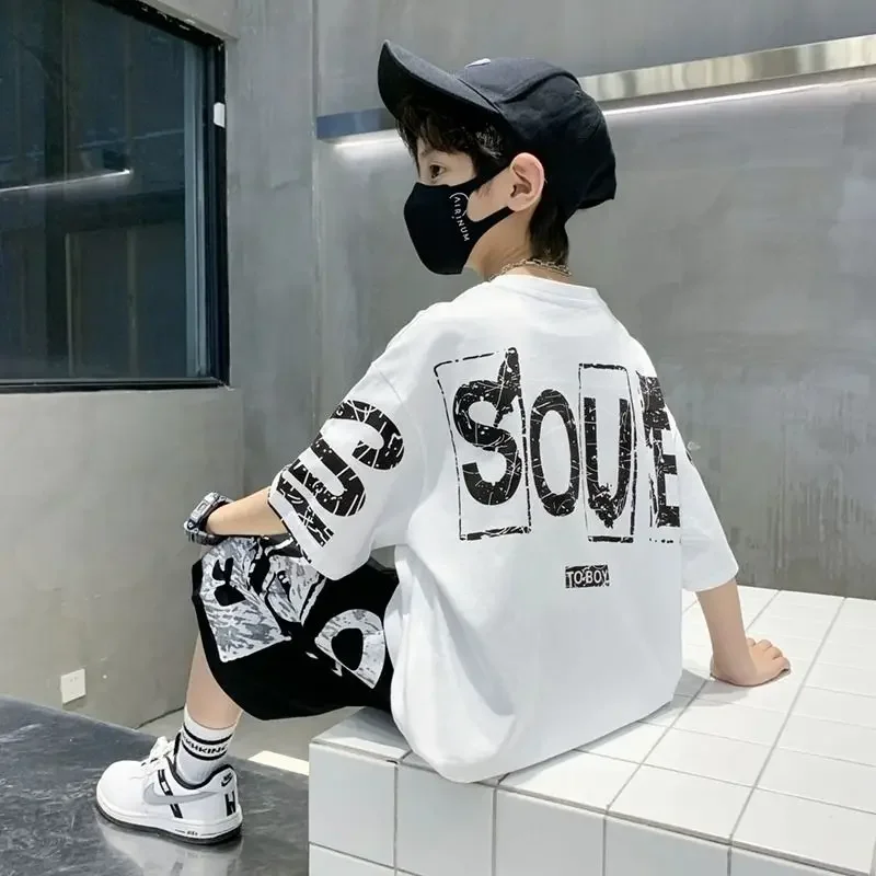 Boys Summer Trendy Casual Sports 2pcs T-shirts+Pants Suits 3-14 Years Teenage Boys Hip Hop Style Fashion Outfits Clothes Sets