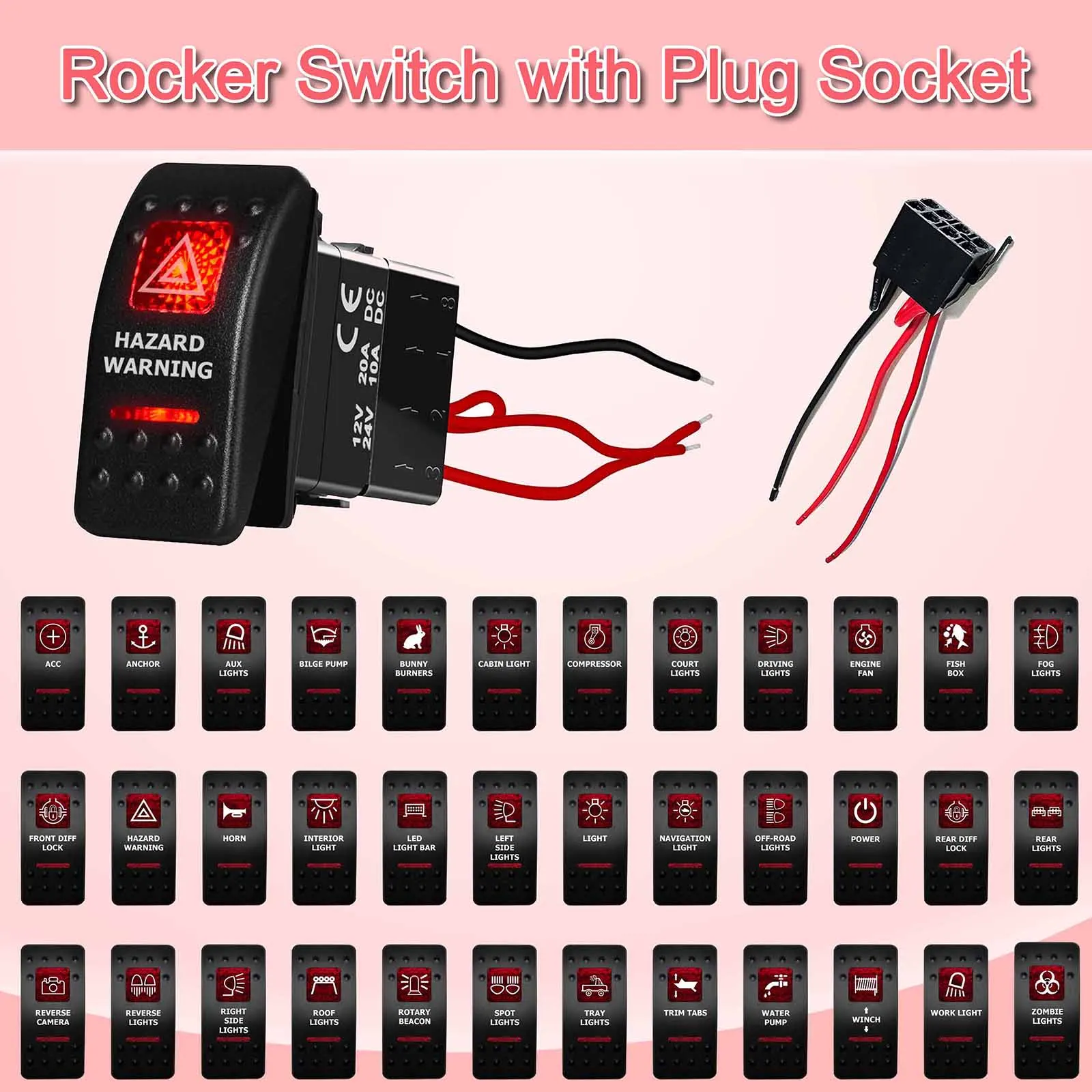 

12V 24V Red Led Hazard Rocker Switch with Plug Socket SPST / DPDT Toggle Switch for Carling Car RV Narva Marine Dash Panel Boat
