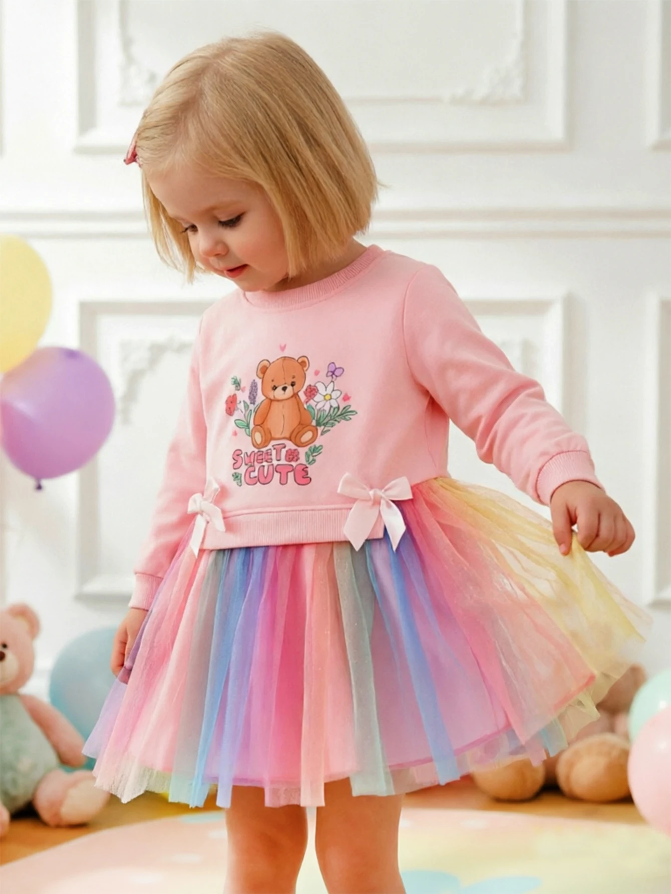 Cartoon Bear Printed With Rainbow Mesh Long Sleeve Princess Dress Butterfly Knot Spring Autumn Girls Dresses Sweet And Lovely