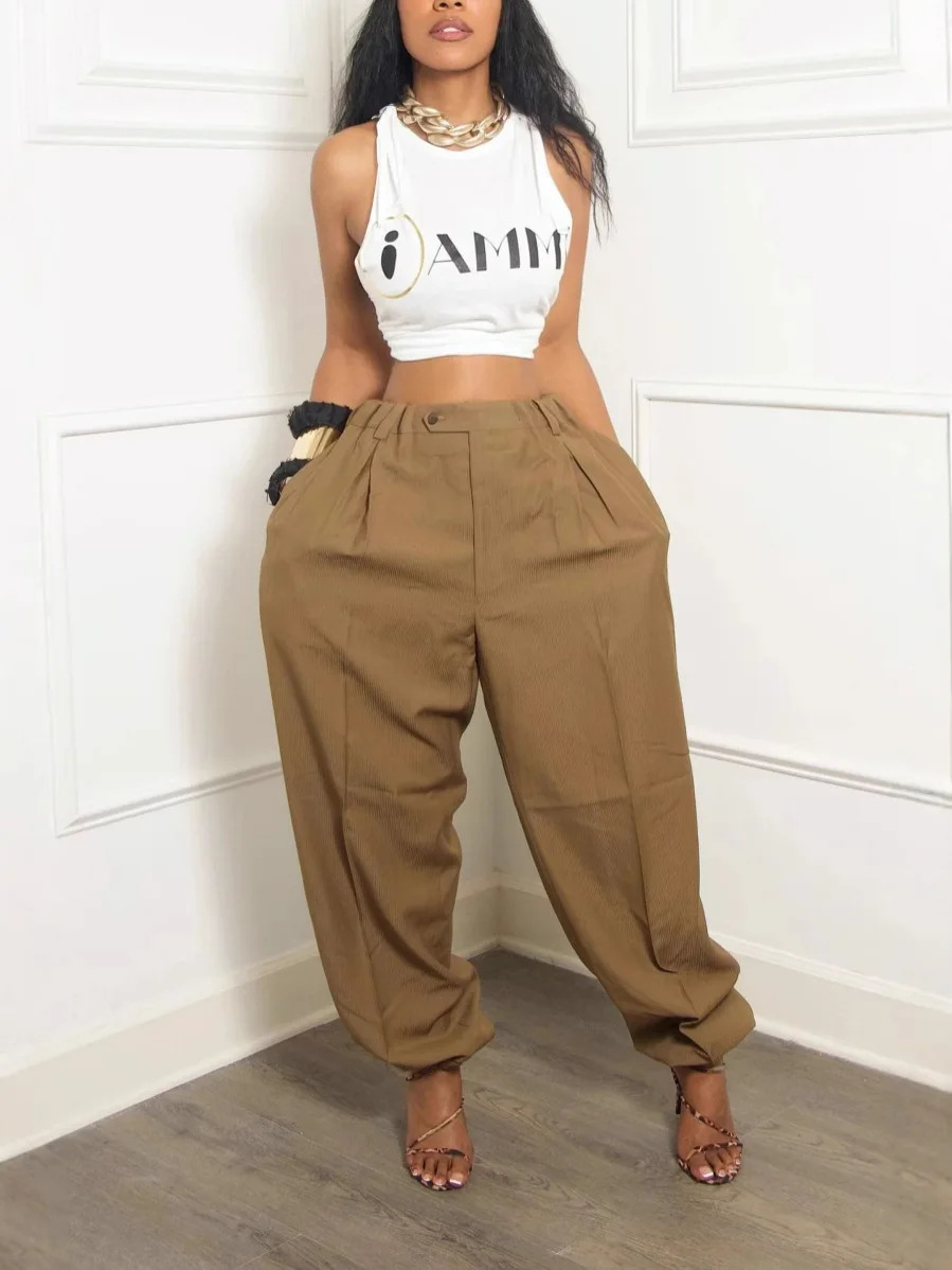 Women Loose High Waist Pleated Pants Baggy Tapered Leg Cuffed Ankle Casual Street Fashion Trousers