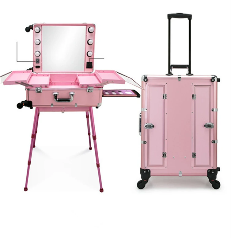 travel portable 24inch makeup trolley cosmetic rolling carry case with 6bulbs lights make-up suitcase