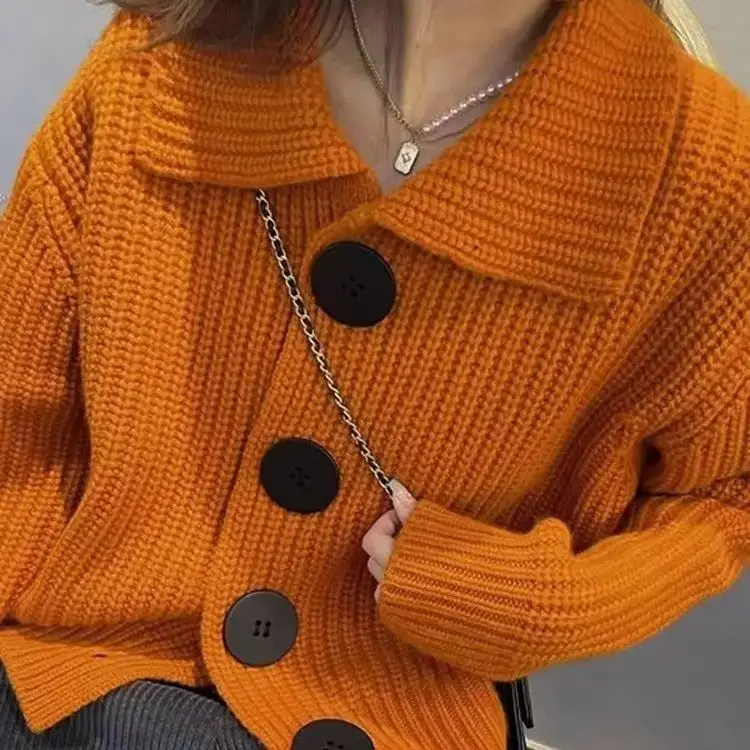 Pumpkin Orange Lapel Knitted Cardigan Sweater Coat Collar Chic Big Button Loose Korean Warm 2024 New Autumn Winter Cardigan Coat